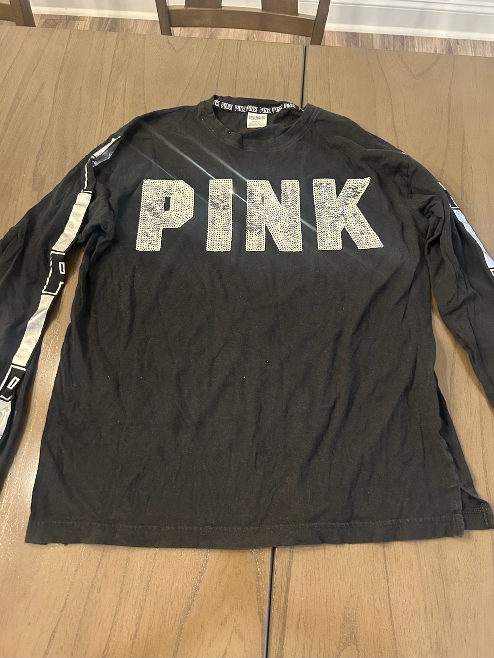 PINK Victoria's Secret Black Long-Sleeve Logo Top with Silver Accent